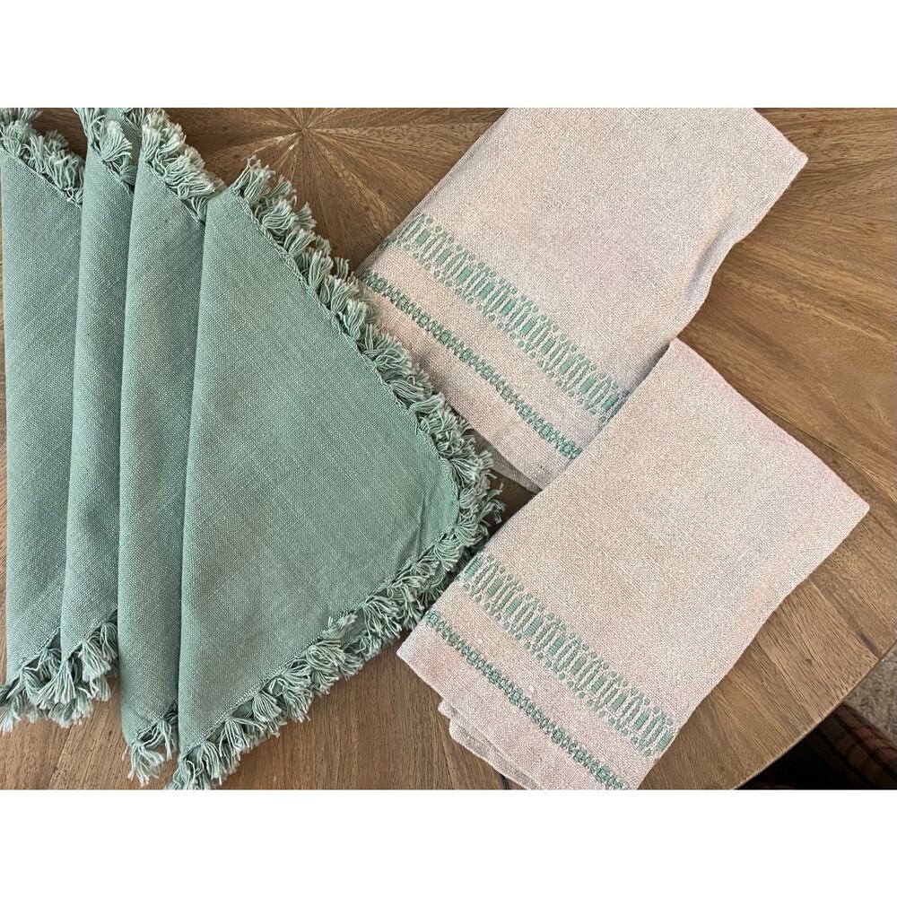 Sage Green & Natural Linen Napkin Set - Fringe & Embroidered Border-Cottagecore